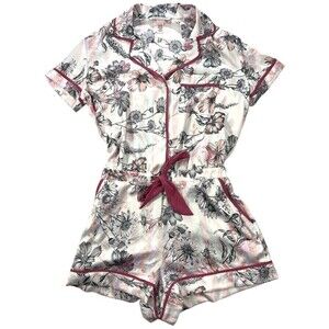 Victoria Secret Satin Pink Floral‎ drawstring waist Romper Pajamas PJs Size XS